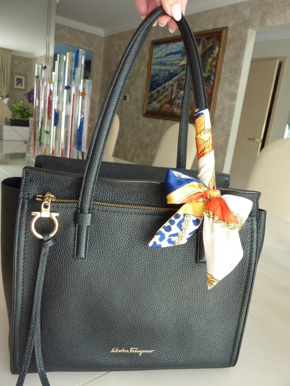 $1,490 SALVATORE FERRAGAMO "Amy" Medium Black Gancini Leather Tote Bag Purse